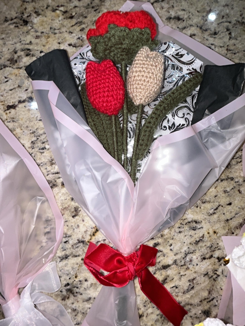 Handmade Crochet Tulip Bouquet - Red & Cream Flowers All Together